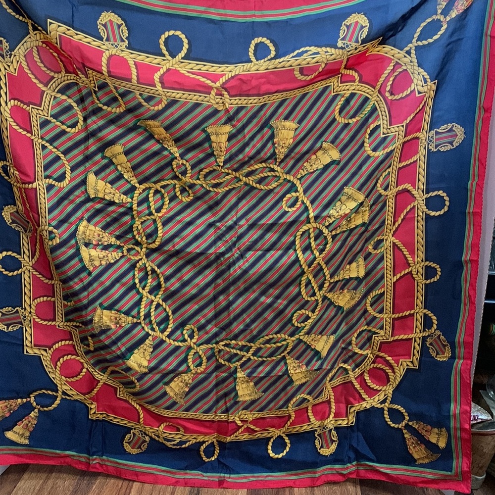 Vintage classic Ellen Tracy blue/gold/green/red Rope & Tassel Silk Scarf 33”x33”
